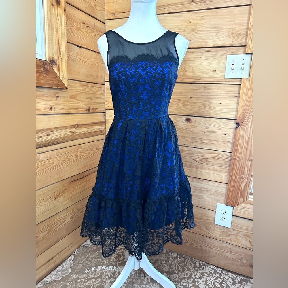 Moulinette Soeurs A-Line Dress Lace‎ Silk Blue Black Fit & Flare Twirl Prom HoCo